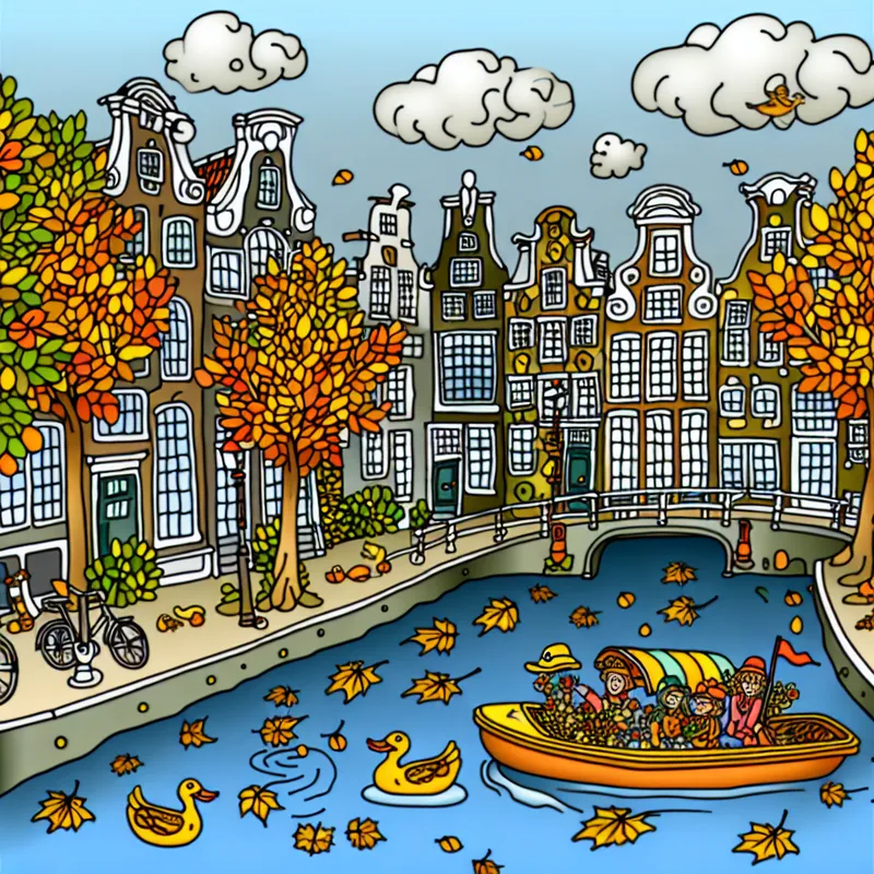 Een cartoonachtig beeld van een levendige gracht in Amsterdam met herfstkleuren, traditionele huizen en vrolijke passagiers in een boot.