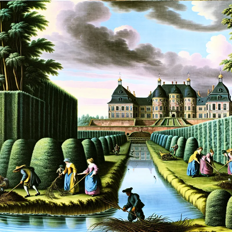 Een schilderachtig beeld van een gracht met een kasteel op de achtergrond, omringd door groene heggen en werkers die het landschap onderhouden.