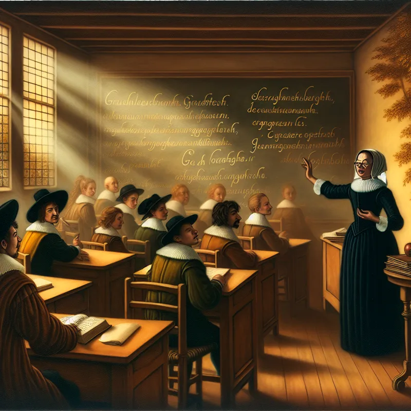 Een lerares die met passie een grammatica les uitlegt aan nieuwsgierige leerlingen in een warme, traditionele klaslokaal.