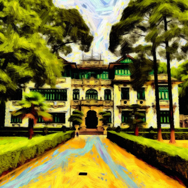 Groot huis aan de rand van een stad in Van Gogh-stijl