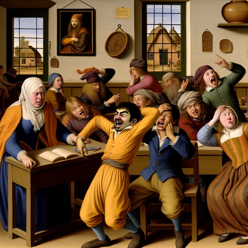Levendige klas met leerlingen die elkaar luchtig plagen en grappen maken, in de stijl van Jan Steen