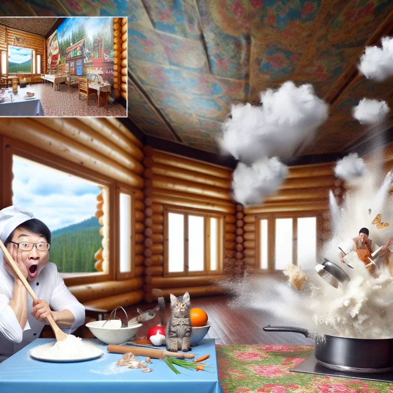 Een kok schrikt van een overlopende pan in een gezellige keuken, met kleurrijke ingrediënten die rondvliegen en een kat die verrast terugspringt.