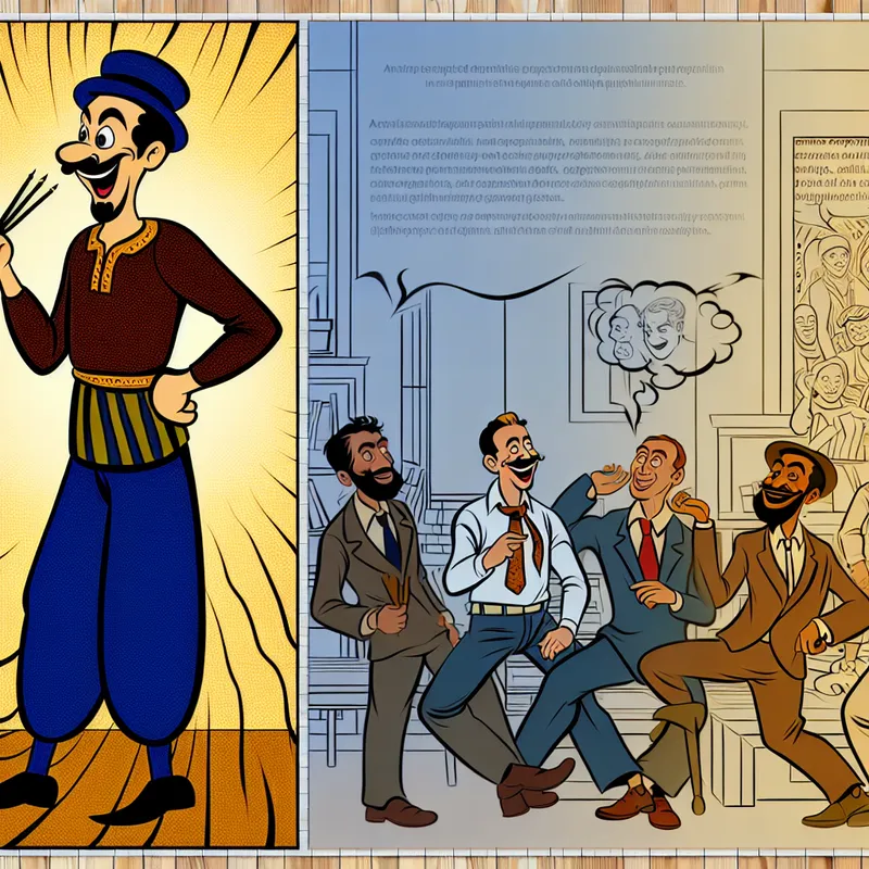 Grappige cartoonfiguur met overdreven gezichtsuitdrukkingen en lichaamstaal in een kantooromgeving, omringd door lachende collega's en speelse kantoorspullen