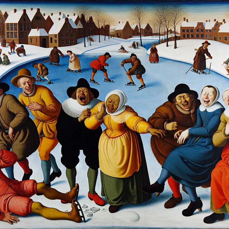 Vrolijke wintertafereel met mensen die lachen op een bevroren kanaal, waarbij iemand voor de grap op het ijs valt, in de stijl van Hendrick Avercamp