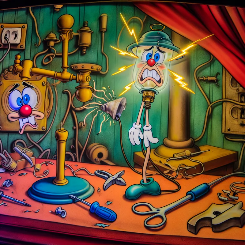 Een cartoonlamp met een gebroken draad en vonken, omringd door kleurrijke gereedschappen zoals tangen en een schroevendraaier.