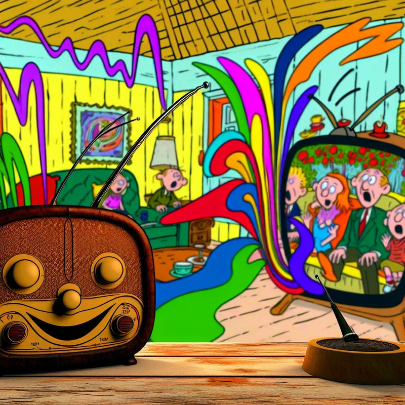 Een grappige cartoonradio met een grote antenne op een houten tafel met een vrolijke televisie ernaast, beide ontvangen ze geluidsgolven.