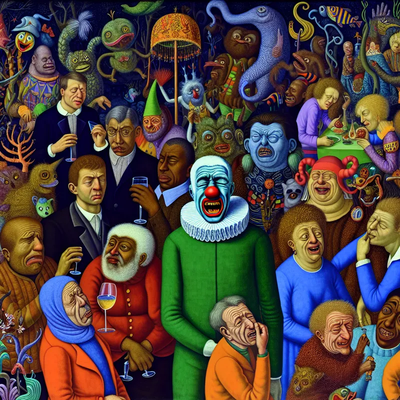 Een clown met een humoristische, overdreven gezichtsuitdrukking maakt grappige grimassen voor een groep vrienden in een surrealistisch feest. Bizarre wezens en fantasierijke elementen vullen de achtergrond.
