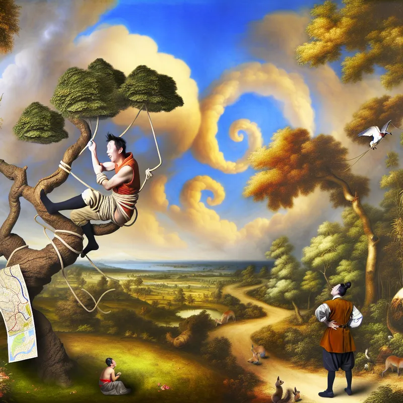 Man die in een boom probeert te klimmen terwijl hij een kaart ondersteboven leest, omringd door kijkende dieren