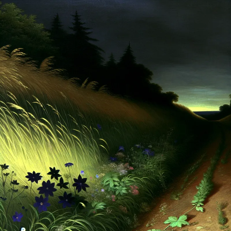 Donker symbolisch landschap geïnspireerd op Félicien Rops met een smalle grasberm (boord) langs een landweg, waar kinderen spelen tussen wilde bloemen en hoge grassen in een mysterieuze sfeer