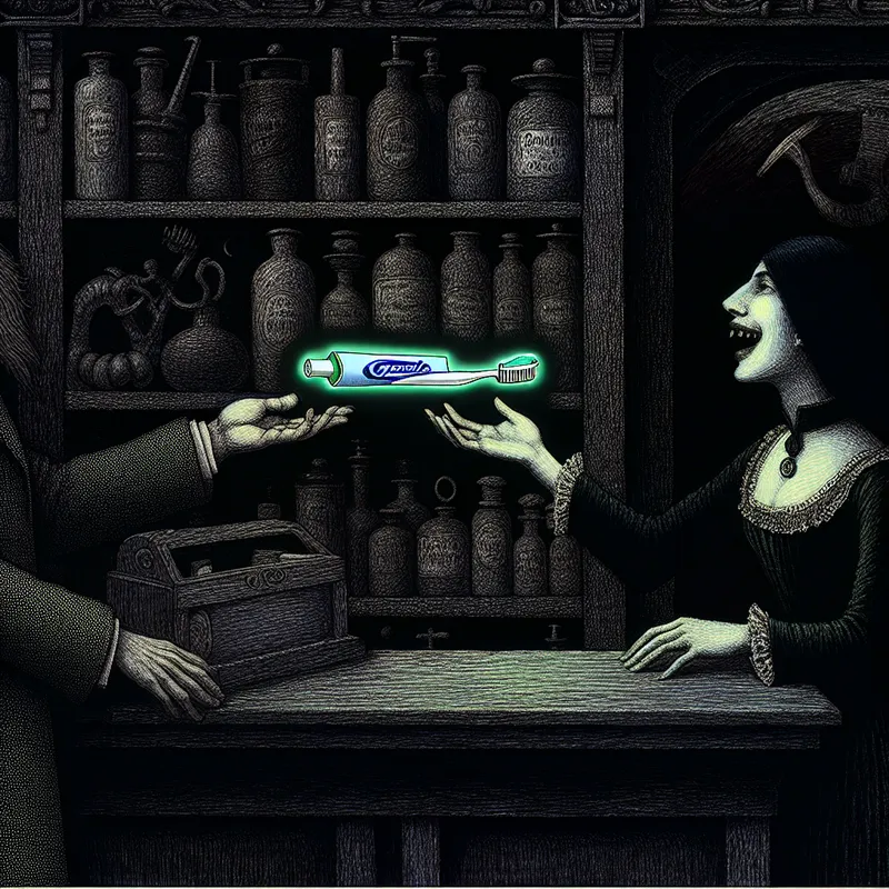 Gothische apotheektoonbank met hand die tandpasta ontvangt en gratis gloeiende tandenborstel als cadeau krijgt, in stijl van Félicien Rops