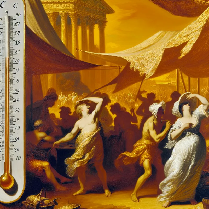 Barokke marktscène met oververhitte mensen bij temperaturen boven 30 graden, symboliserend het overschrijden van een grens of drempel