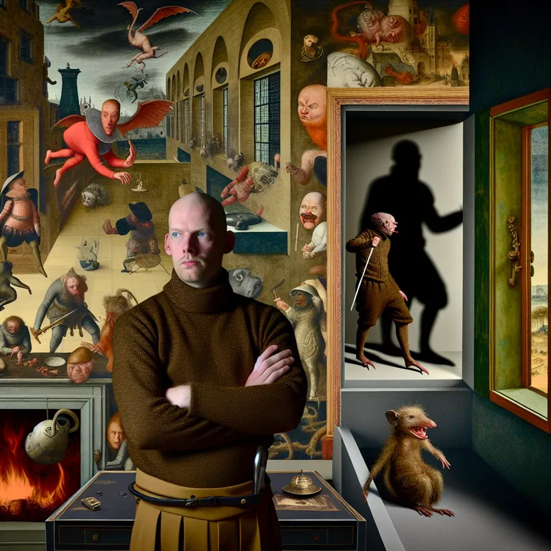 Surrealistisch tafereel van een persoon die grenzen stelt aan ongepast gedrag, met groteske figuren die wegvluchten in een donkere, symbolische huiskamer