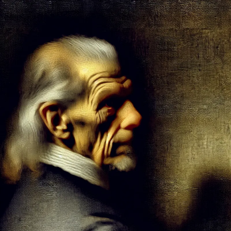 Portret van een oudere persoon met grijzend haar, geschilderd in de stijl van Rembrandt met dramatisch clair-obscur