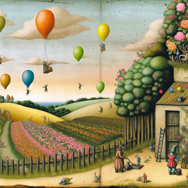 Een charmant bedrijfsgebouw met het bord 'GroeiFase', omgeven door bloeiende bloemen, vrolijke mensen die bomen planten, en kleurrijke ballonnen in een dromerige landschap.