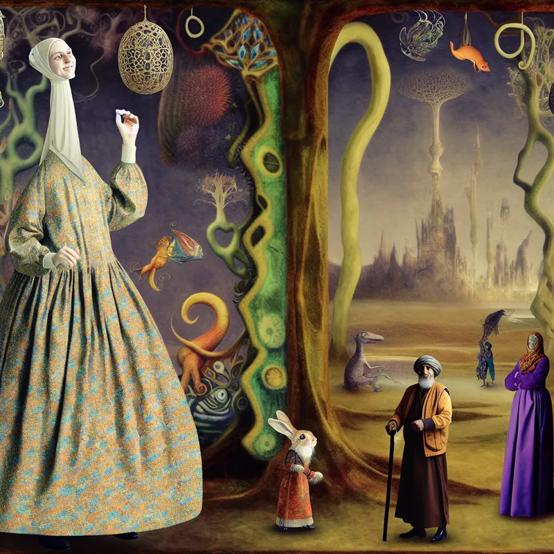 Een jonge vrouw in een groot, overmatig kledingstuk staat in een surrealistisch landschap, omgeven door bizarre wezens die haar transformatie van kind naar volwassene gadeslaan.