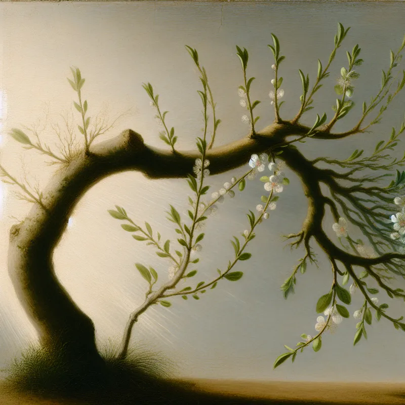 Een jonge boom met naar beneden gebogen takken, omringd door delicate bloemen in een serene tuin.