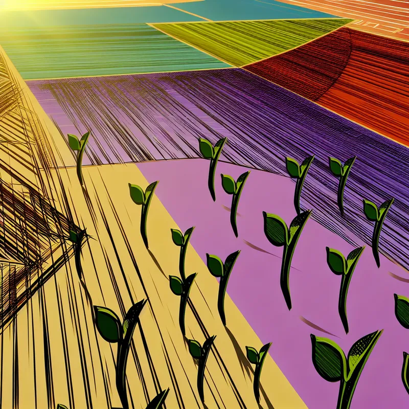 Groene scheuten van planten die uit de bodem komen in een retro-futuristische tuin