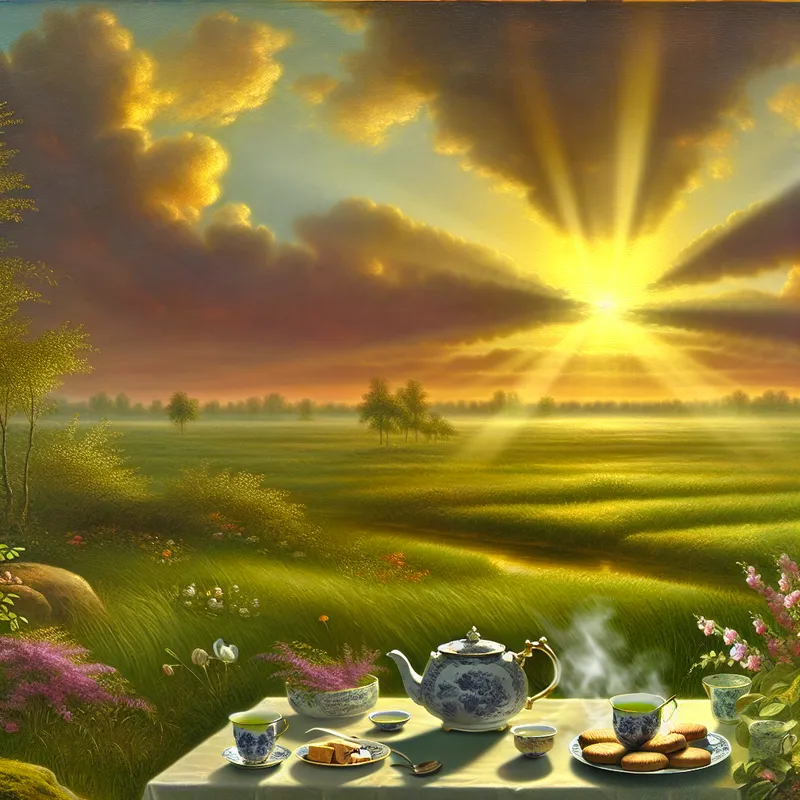 Een serene ochtend met een buiten tafel die een delicatessen theeset weergeeft, met groene thee die in een kopje wordt geschonken, omringd door bloemen en gras.