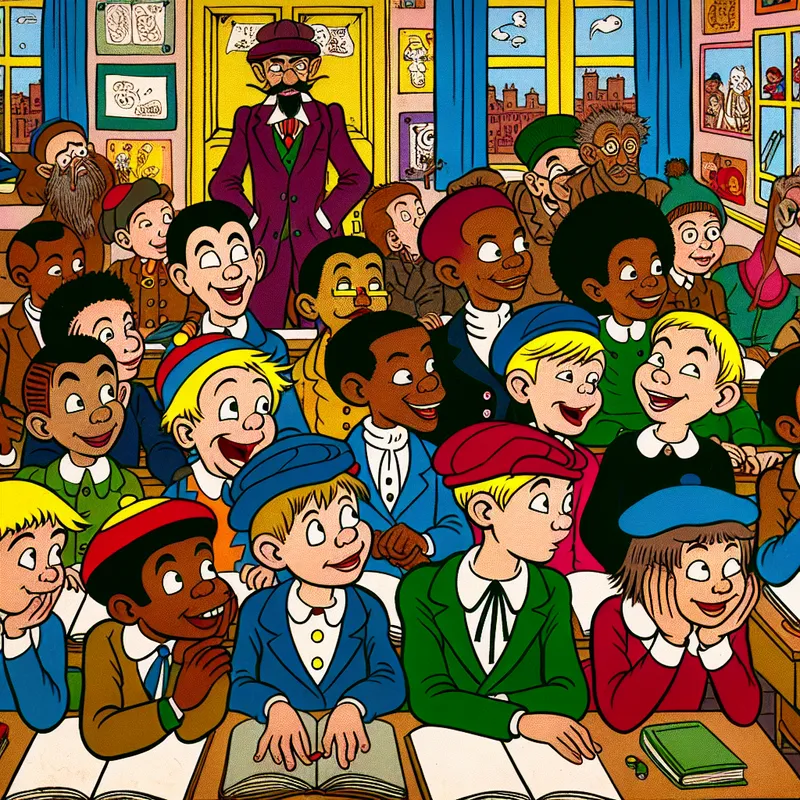 Een kleurrijke cartoon van een enthousiaste groep schoolleerlingen die samenles volgen in een vrolijk versierde klaslokaal.