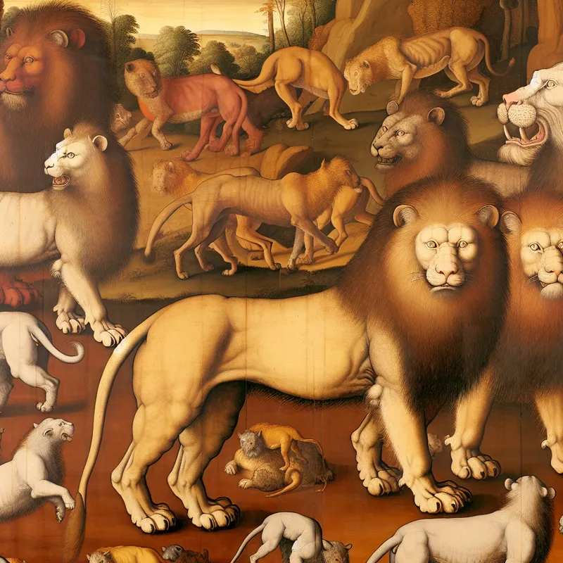 Levendige scène van een groep leeuwen in natuurlijke omgeving, symboliserend het begrip 'categorie' in de stijl van Jan Steen