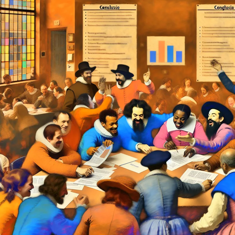 Groep diverse mensen rond een grote tafel, slingerend discussiërend over een document met de titel 'Conclusie' en blijde gezichten.