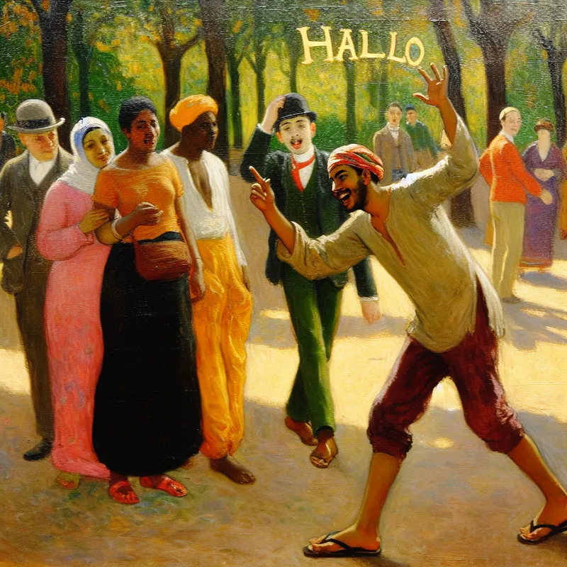 Een groep mensen in een park, met een persoon die enthousiast 'hallo' roept en handgebarend de aandacht trekt.