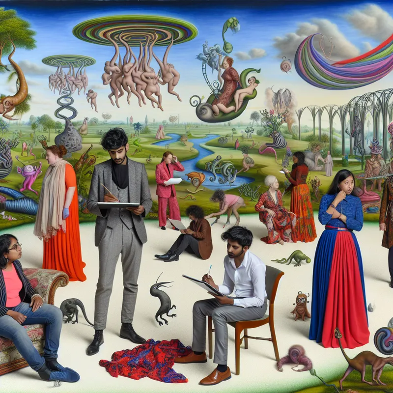 Een diverse groep modeontwerpers in een surrealistisch landschap, druk in gesprek met vreemde wezens en planten om hen heen.