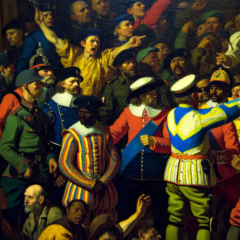 Levendige groep politieagenten en soldaten die samenwerken tijdens een demonstratie, geschilderd in de stijl van Frans Hals