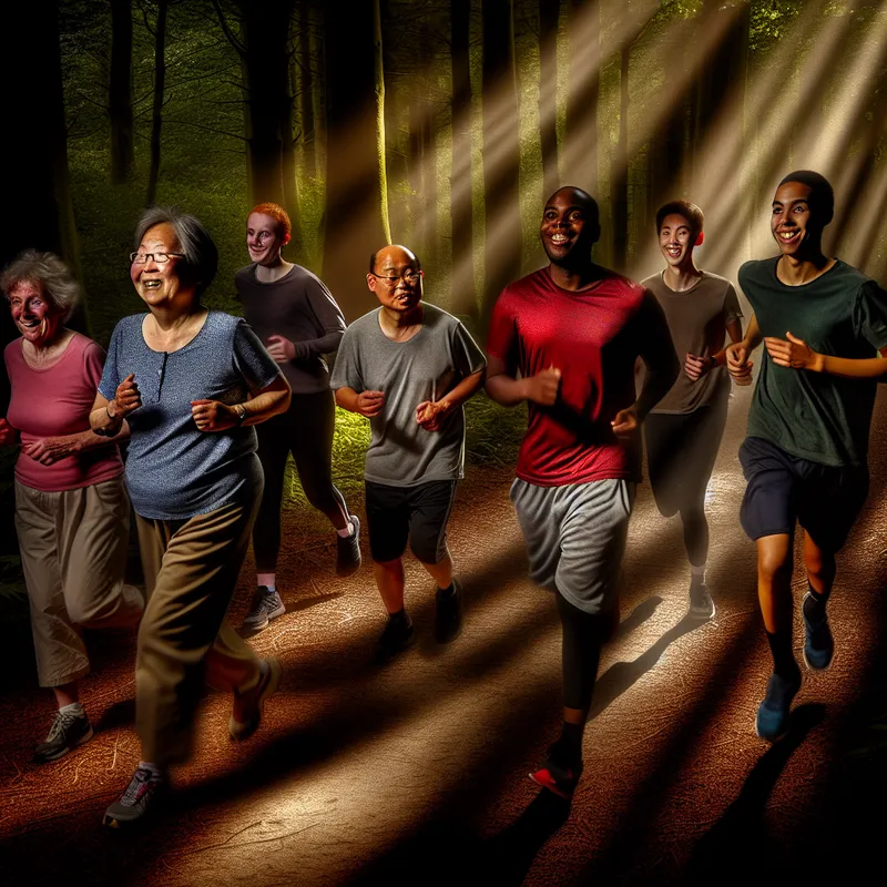 Groepsrun door een sfeervol bos met diverse deelnemers die tegelijkertijd joggen op een zonnige trail.
