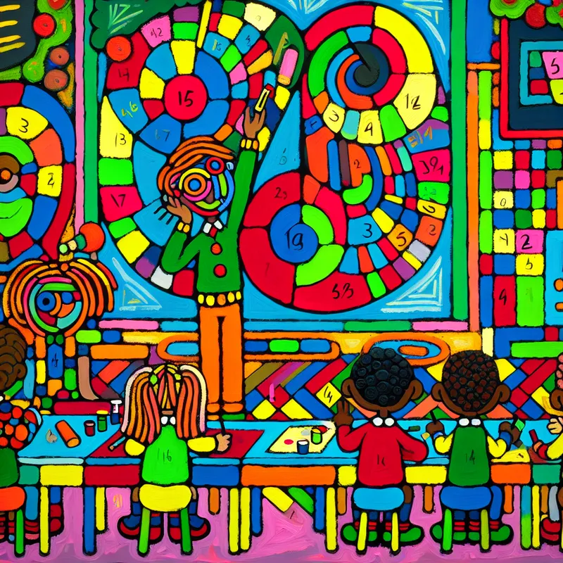 Abstracte klaslokaalscène in stijl van Karel Appel met levendige kinderen van groep tien die breuken leren met kleurrijke diagrammen en spelende bewegingen