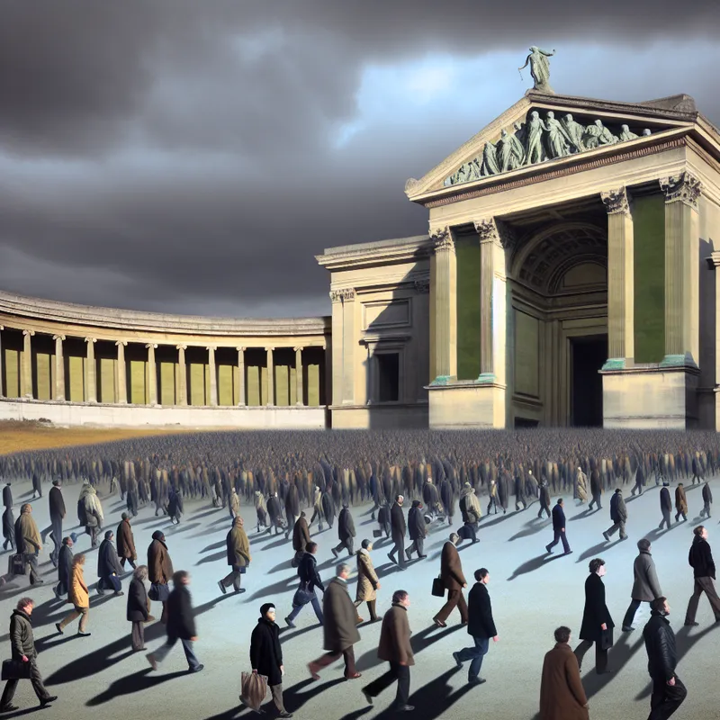 Hyperrealistische surrealistische voorstelling van een grote groep toeristen die plotseling arriveert bij de ingang van een klassiek museum in een droomachtig landschap