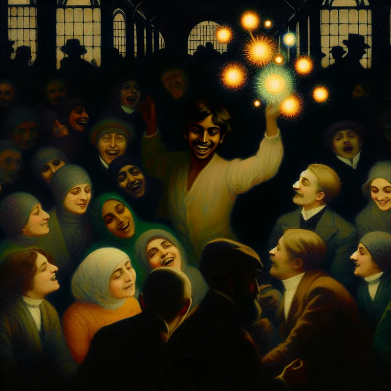 Groep diverse individuen in een donkere ruimte, stralend van vreugde, met een centrale figuur die geluk uitstraalt en anderen inspireert.