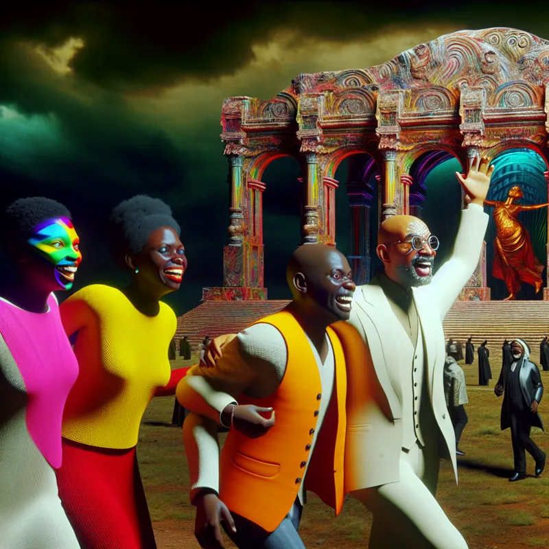 Vijf diverse individuen staan samen in een kleurrijke, surrealistische buitenomgeving, met monumentale architectuur op de achtergrond.