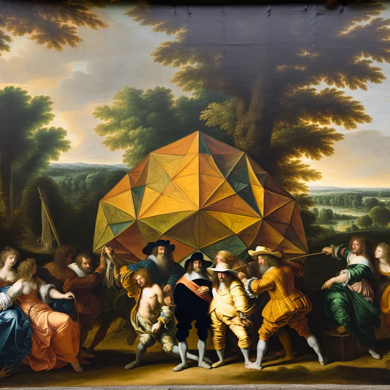 Barokke scène met zes dynamische figuren rond een hexagonale tent, symboliserend teamwerk en eenheid in een buitenomgeving