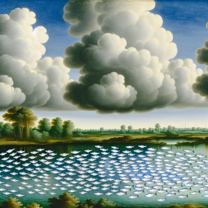 17e-eeuws Nederlands landschap met een dramatische wolkenlucht en een grote school zilveren vissen in helder water, ter illustratie van het woord 'groep'