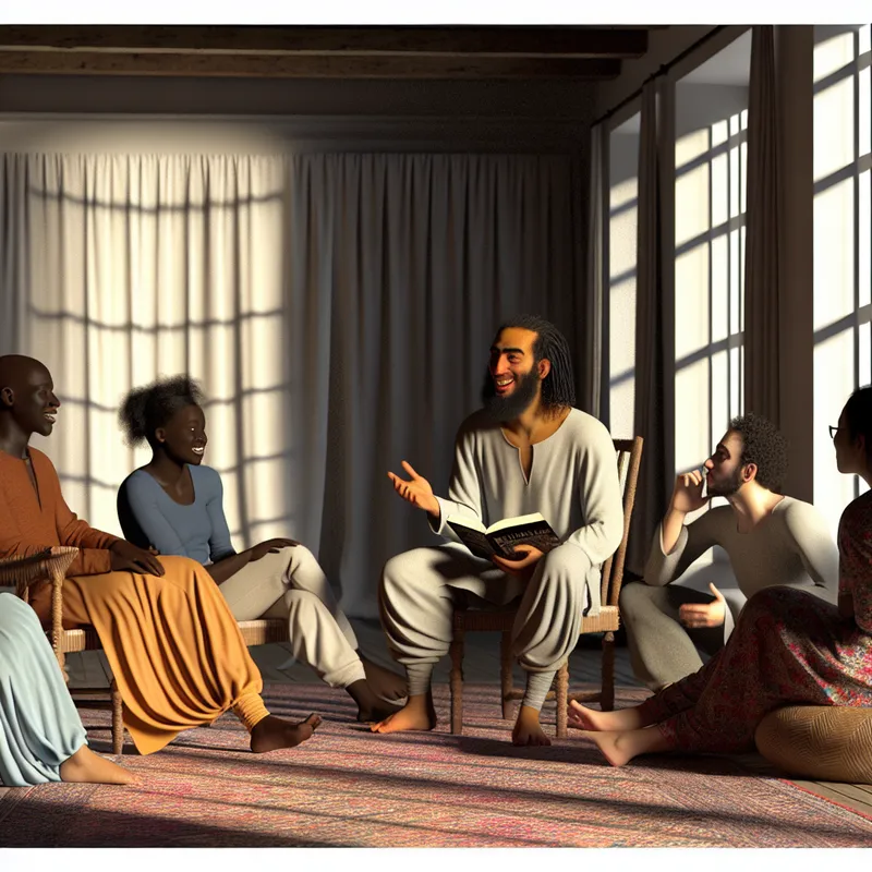 Een groep vrienden discussieert levendig over een film in een serene, lichtdoorlatende kamer, met een persoon die een filmposter vasthoudt.