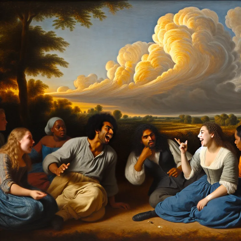 Een groep vrienden die vrolijk hun plannen voor een feest aankondigen, met een groene achtergrond en dramatische wolken.