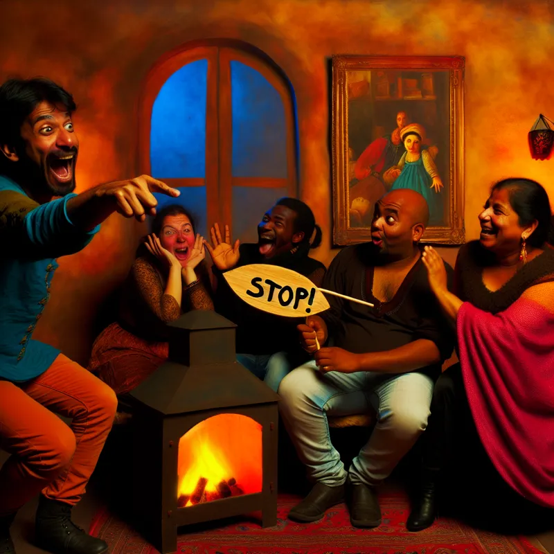 Een sfeervolle afbeelding van een groep vrienden in een gezellig interieur, met iemand die speels naar een ondertekent bordje 'Stop!' wijst terwijl de anderen lachen.