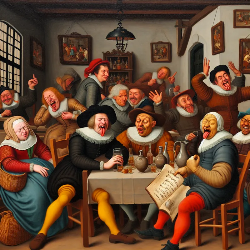 Een groep vrienden in een gezellige Nederlandse herberg, waarbij één persoon ontevreden kijkt naar een slecht geschreven boek.