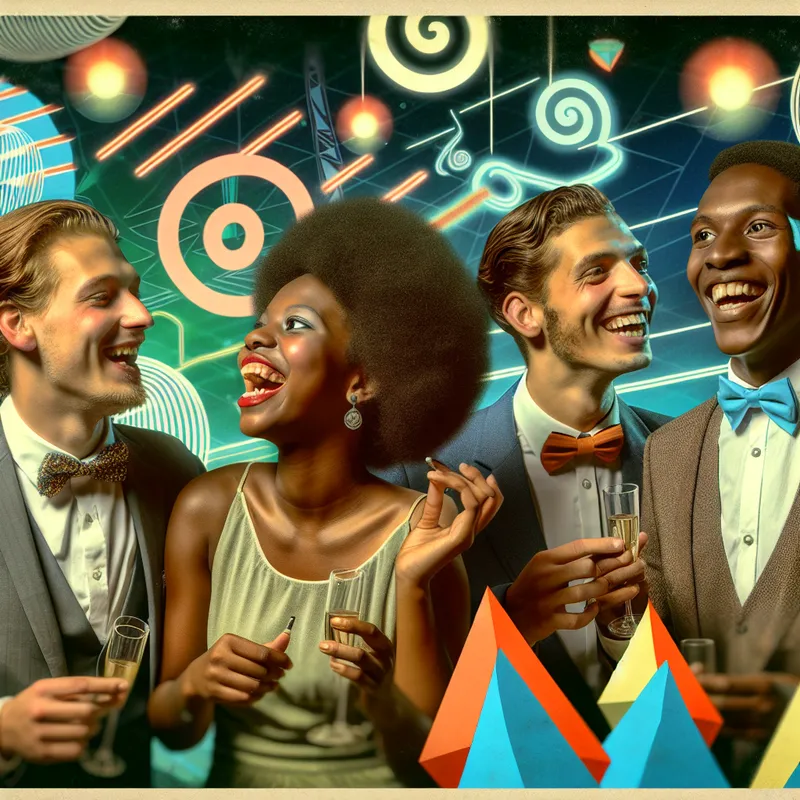 Een groep vrienden geniet van een feest met kleurrijke versieringen en geometrische vormen op de achtergrond.