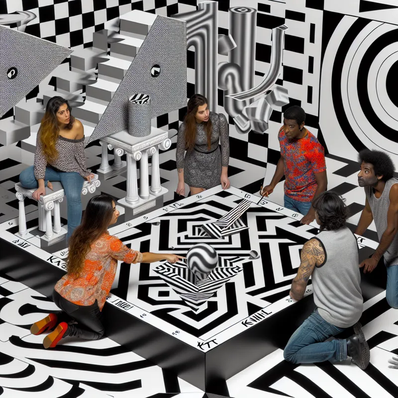 Een groep vrienden rond een gigantisch spelbord vol met optische illusies en verwarrende structuren, met één persoon die naar een gebied wijst gemarkeerd met 'KT'.