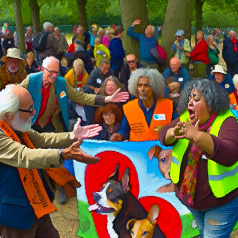 Een levendige groep vrijwilligers verzameld op een dierenrechtenprotest, met diverse individuen en een banner.