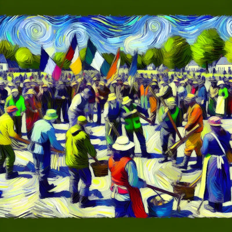 Een diverse groep vrijwilligers die samen strategisch aan een nobel doel werken, met banners en gereedschap in een levendige buitenomgeving.