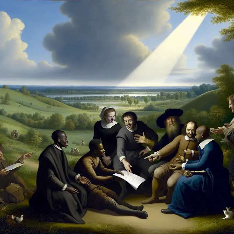 Groep mensen in een schilderachtig landschap, verdiept in discussie over een voorstel