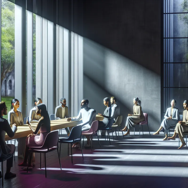 Groep mensen in een moderne conferentiezaal, diep in gedachten tijdens een stilte in een gesprek.