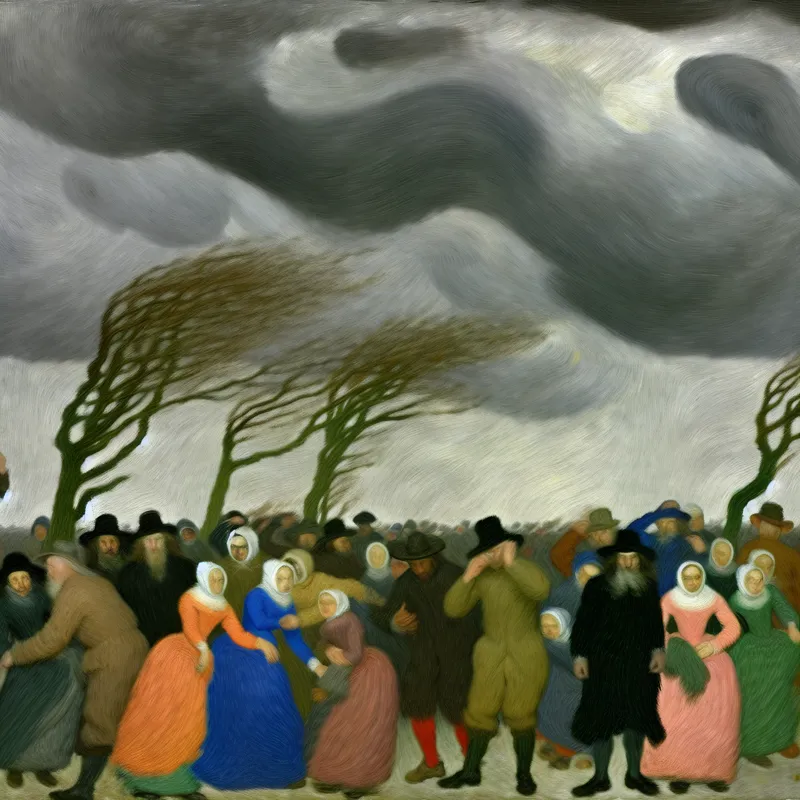 Groep mensen die zich terugtrekken in de schaduw tijdens een storm, met een donkere, turbulente lucht en wapperende bomen op de achtergrond.