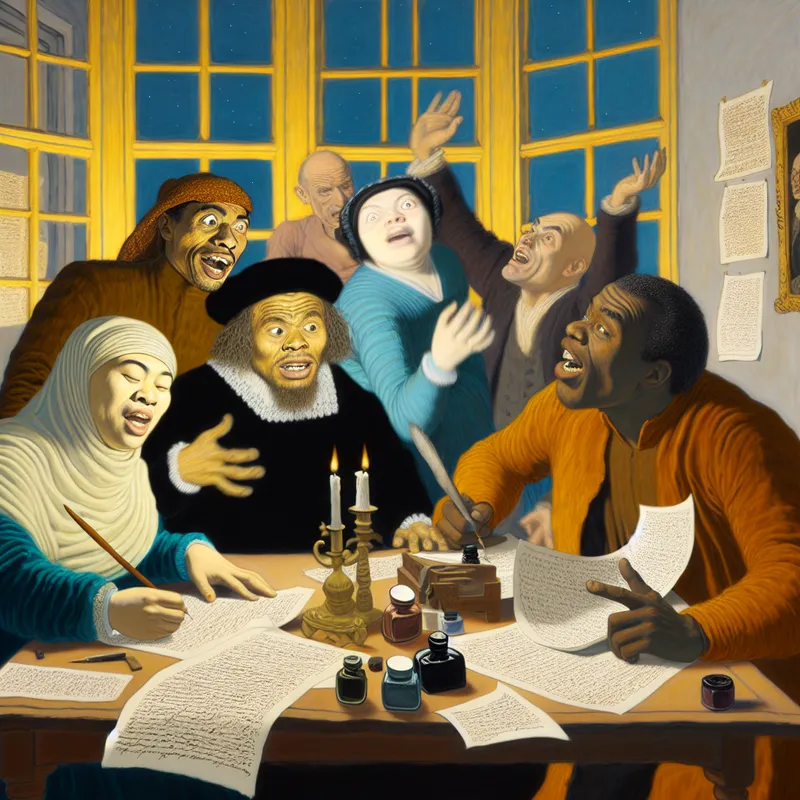 Een diverse groep mensen rondom een rijk versierd tafel, bezig met het maken van schriftelijke afspraken, met papieren en pennen verspreid over de tafel.