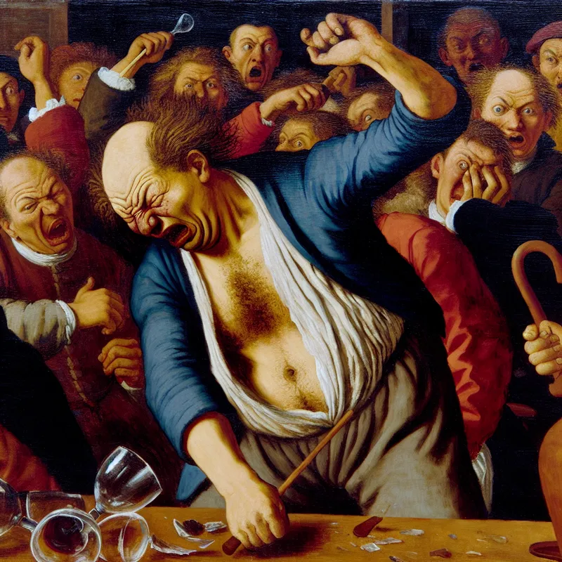 Schilderij in de stijl van Frans Hals van een grove man die glazen breekt tijdens een chaotisch feest, met geschokte omstanders