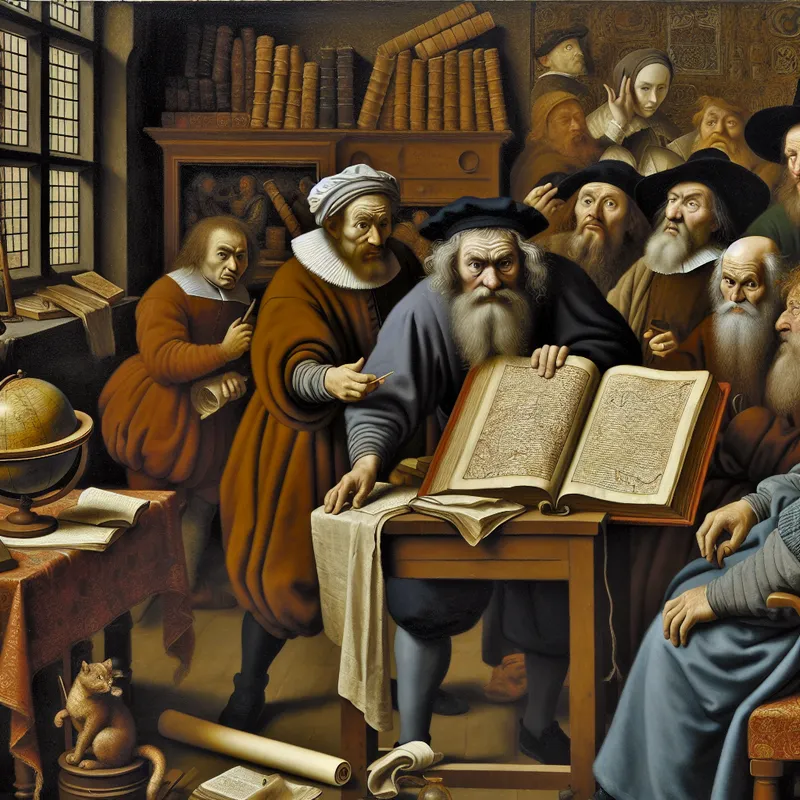 17e-eeuws Hollands interieur met geleerden in diepgaande discussie over Nederlandse geschiedenis, kaart en boeken, in de stijl van Jan Steen