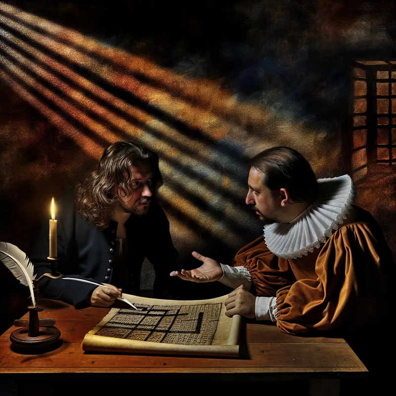 Twee personen bespreken een document met cijfers en grafieken in een dramatisch verlichte kamer, symboliserend voor de grondslag van een beslissing